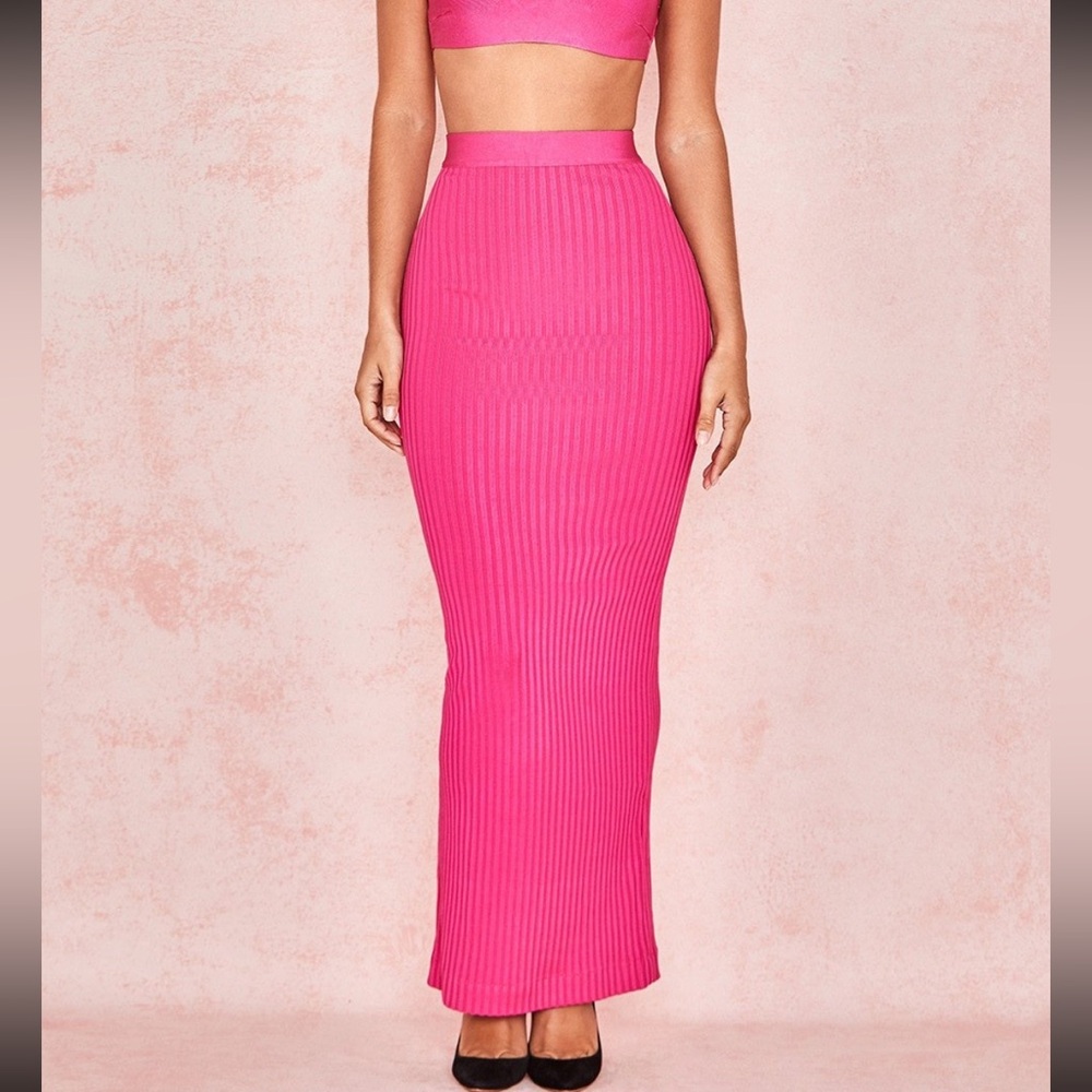 House of CB London Eve Pink Ribbed Maxi Bandage Skirt